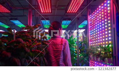 A woman stands in an indoor garden illuminated by colorful LED lights, with various plants growing in pots. 121382877