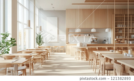 A spacious coffee shop features wooden tables and chairs, large windows allowing sunlight, and a minimalist design, creating a warm, inviting atmosphere for customers. 121382893