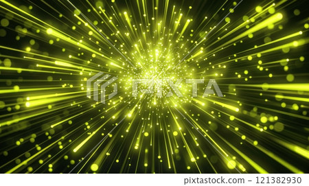 A bright, yellow light bursts from the center of the image, creating streaks of light on a dark background. 121382930