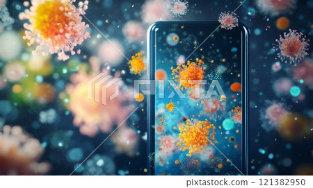 A smartphone is showcased amidst a vibrant array of colorful virus illustrations floating around it, highlighting the intersection of technology and health in a visually striking manner. 121382950