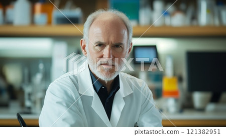 A man with white hair and a beard, wearing a white lab coat, is standing in a lab with a bookshelf and computer monitors in the background. 121382951