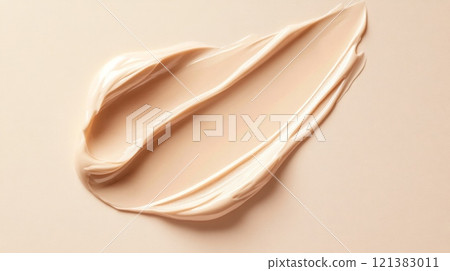 A creamy, beige foundation is expertly spread across a light surface, showcasing its smooth texture and blendability. This visually appealing display highlights makeup artistry and product quality. 121383011