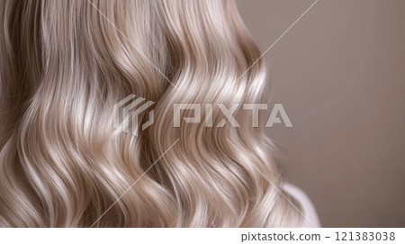 Long, wavy blonde hair shines softly, cascading down the back while highlighting its texture and color. Long, wavy blonde hair shines softly, cascading down the back while highlighting its texture and color. 121383038