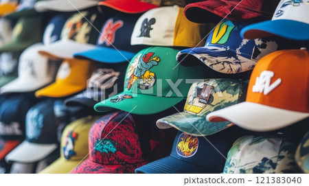 A vibrant selection of caps featuring different designs and colors neatly arranged on a wall in a shop. 121383040