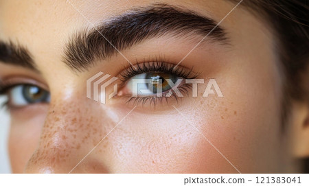 A young woman gazes into the camera, highlighting her striking green eye, strong eyebrows, and natural freckles. The soft lighting enhances the details of her features, capturing her beauty. A young woman gazes into the camera, highlighting her striking green eye, strong eyebrows, and natural freckles. The soft lighting enhances the details of her features, capturing her beauty. 121383041