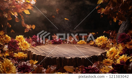 In a tranquil forest setting, a wooden platform is encircled by colorful autumn leaves and vibrant flowers, creating a peaceful and picturesque scene full of natural beauty and seasonal charm. In a tranquil forest setting, a wooden platform is encircled by colorful autumn leaves and vibrant flowers, creating a peaceful and picturesque scene full of natural beauty and seasonal charm. 121383042