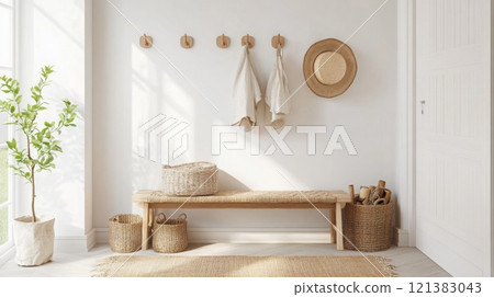 A well-designed entryway features a wooden bench, hanging coats, and a straw hat A well-designed entryway features a wooden bench, hanging coats, and a straw hat 121383043