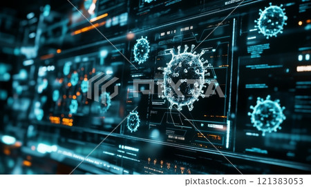 A high-tech interface displays multiple viral structures alongside data readouts, symbolizing advanced research into infectious agents in a modern laboratory setting. A high-tech interface displays multiple viral structures alongside data readouts, symbolizing advanced research into infectious agents in a modern laboratory setting. 121383053