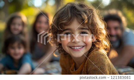 A young boy with curly hair beams with happiness while sitting in a sunlit park, surrounded by his smiling family members enjoying their time together. 121383081