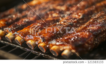 Tender ribs are being grilled with a rich glaze, showing a mouthwatering char and a smoky texture. 121383133