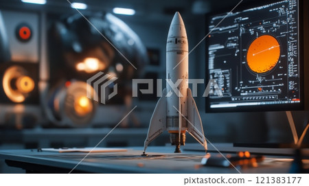 A detailed rocket model stands prominently on a workstation, surrounded by advanced technical screens showing data and graphics in a dimly-lit space research facility at dusk. 121383177