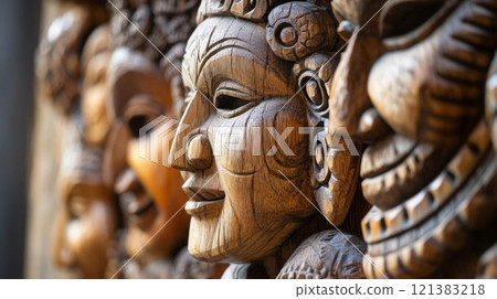 Artisans showcase beautifully carved wooden masks, highlighting intricate designs and expressions, at a local craft fair. 121383218