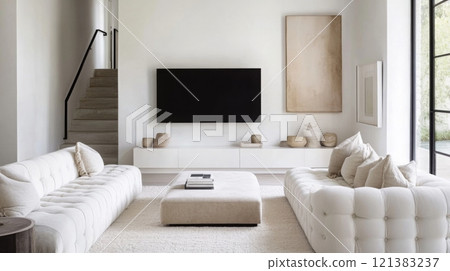 A spacious living room with white walls and a white carpet. There are two white sofas facing each other with pillows 121383237