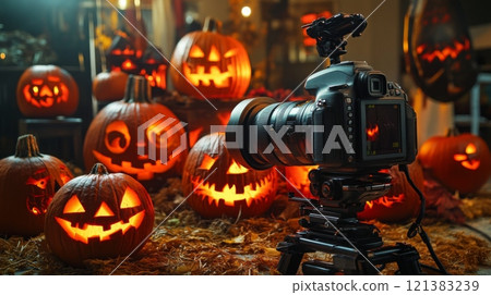 A camera is positioned in front of an array of carved pumpkins, each flickering with candlelight, set in a warm, inviting autumn environment 121383239