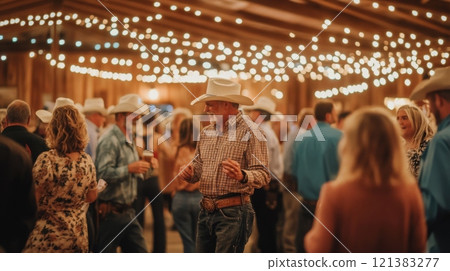 A lively gathering of people dancing and socializing in a rustic barn adorned with hanging string lights. 121383277