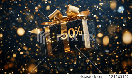 A decorative gift box showing a 50 percent discount tag floats surrounded by shimmering golden confetti, creating a celebratory atmosphere. The festive backdrop enhances the sense of occasion. 121383302