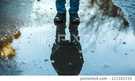 A child stands in a large puddle, creating a reflective view of surrounding trees and the overcast sky on a rainy day in the city, evoking a sense of wonder and exploration. 121383310