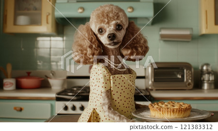 A poodle dressed in a polka dot apron and pearls stands proudly in a vintage kitchen, holding a freshly baked pie on a plate. The scene captures a charming blend of elegance and home-cooked warmth. 121383312