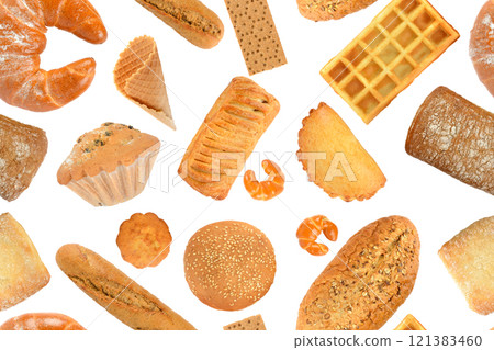 Seamless pattern of bread products made from different types of flour isolated on white Seamless pattern of bread products made from different types of flour isolated on white 121383460