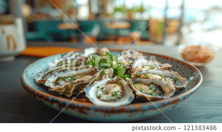 A plate of freshly shucked oysters garnished with herbs, presented in a vibrant coastal dining atmosphere. 121383486