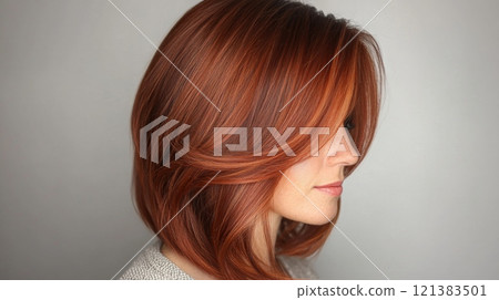 A woman displays her shoulder-length, auburn hair, arranged in soft waves. The background is neutral, emphasizing the rich hair color. 121383501