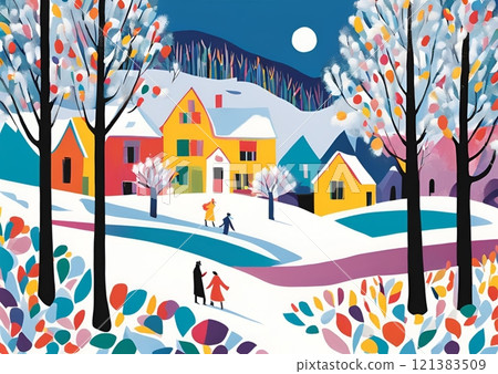 Illustration of a winter cityscape with colorful houses 121383509