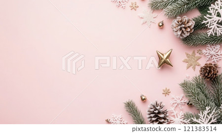 Pine branches, snowflakes, and pine cones are arranged on a pink surface to create a winter-themed scene. Pine branches, snowflakes, and pine cones are arranged on a pink surface to create a winter-themed scene. 121383514