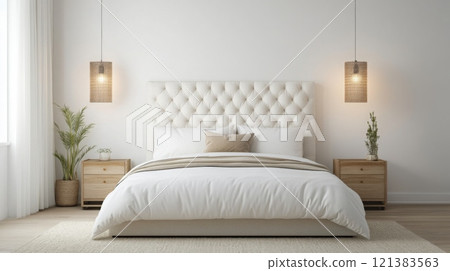 A white bedroom with a large, white bed with a tufted headboard. Two hanging lights with woven shades are positioned above the nightstands on either side of the bed 121383563