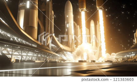A massive rocket is launching from a sleek, advanced spaceport under a starry sky. Flames burst from the engines as the vehicle ascends, surrounded by towering structures and intricate technology. 121383603