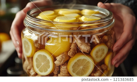 A person carefully holds a large jar filled with fresh lemon and ginger slices, creating a fragrant infusion. The kitchen background emphasizes a warm and inviting atmosphere. 121383685