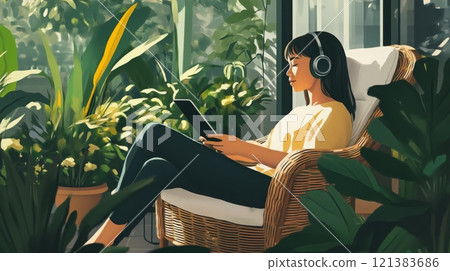 A woman sits comfortably in a wicker chair with her headphones on, immersed in reading a digital device. Surrounding her are lush green plants, creating a serene and calming atmosphere. 121383686