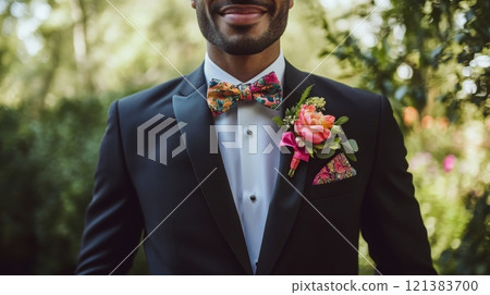 A well-dressed man confidently poses in a floral bow tie and matching boutonniere, standing amidst lush greenery at a wedding. 121383700