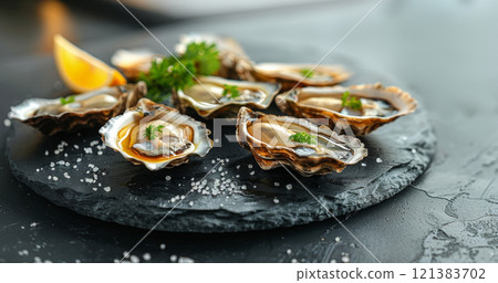 A platter of freshly shucked oysters is beautifully arranged, garnished with herbs and a slice of lemon, ready for enjoyment. 121383702