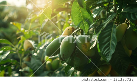 Fresh mangoes dangle from vibrant green branches, bathed in warm afternoon light, surrounded by lush foliage. 121383722