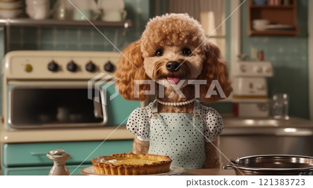 A poodle dog is standing in a kitchen. It is wearing a blue and white polka dot apron and a pearl necklace. The dog has a happy expression on its face, with its tongue sticking out 121383723