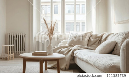 A white couch sits next to a large window in a living room. It has a blanket draped over it and several white throw pillows. A vase with dry plant stems is on the coffee table near the couch. 121383789