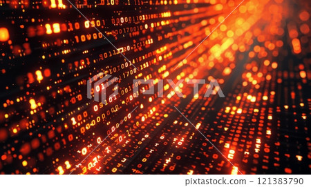 A digital stream of binary code flows down a black surface, glowing red and orange. The code is arranged in lines and columns, creating a sense of depth and movement. 121383790
