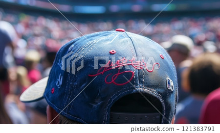 A spectator shows off a signed cap while enjoying a lively baseball game surrounded by enthusiastic fans. 121383791