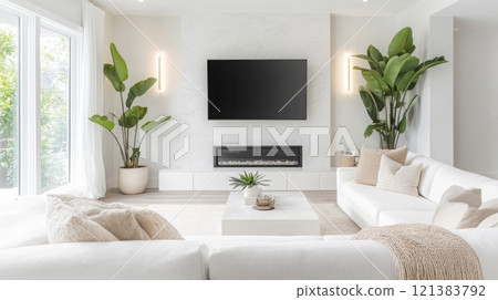 A white couch is situated in a bright, modern living room with large windows and a fireplace. The couch is covered in soft, white cushions 121383792