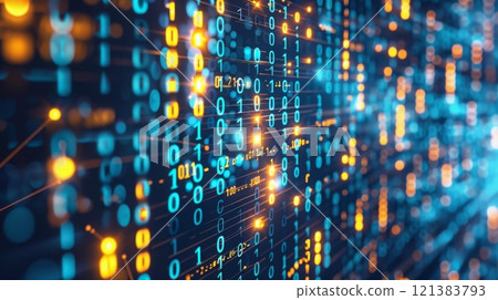 Abstract blue and orange image of binary code with glowing lines of light. 121383793