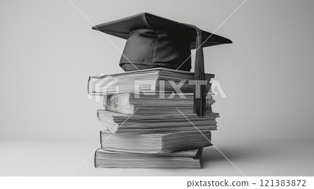 A black graduation cap rests on top of several stacked books, symbolizing knowledge and academic success. A black graduation cap rests on top of several stacked books, symbolizing knowledge and academic success. 121383872