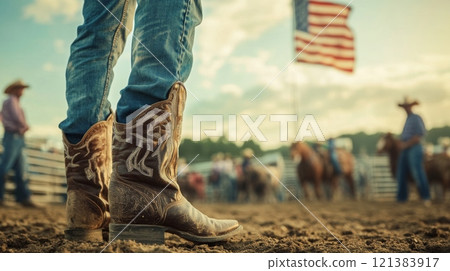 A person wearing cowboy boots observes a rodeo taking place, with an American flag waving majestically nearby as the sun sets. 121383917