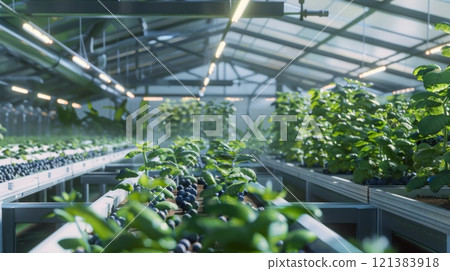 Rows of vibrant blueberry plants flourish in a contemporary greenhouse under bright, natural light. 121383918
