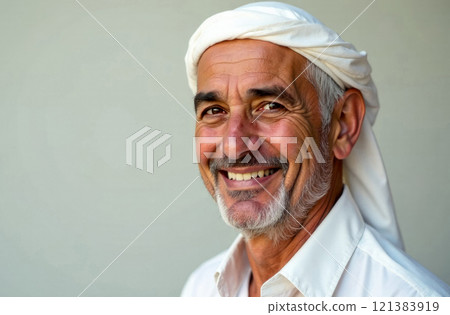 Happy senior Middle Eastern man in traditional headscarf smiling at the camera 121383919