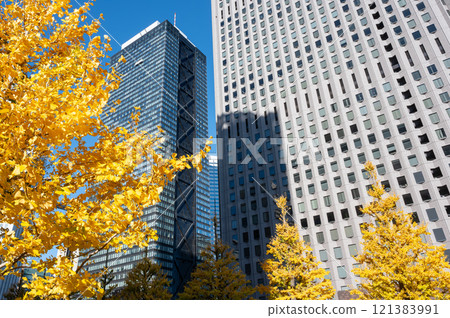 Shinjuku's skyscrapers and autumn-colored street trees 121383991