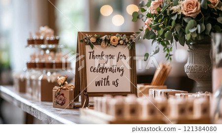 A beautifully arranged table features a sign expressing gratitude for the celebration, surrounded by desserts and floral decorations. A beautifully arranged table features a sign expressing gratitude for the celebration, surrounded by desserts and floral decorations. 121384080