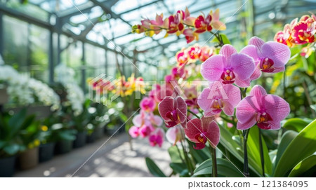 Vibrant orchids display a range of colors in a well-lit greenhouse filled with various flowering plants. 121384095