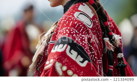 An indigenous dancer wears vibrant traditional attire adorned with intricate patterns during a cultural festival in autumn. 121384099