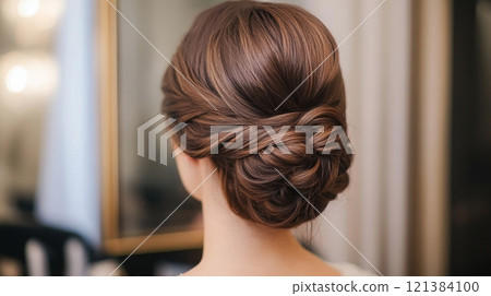 A skilled hairstylist meticulously crafts a beautiful updo, showcasing smooth, shiny hair. Soft lighting enhances the elegance of this chic salon environment during a busy afternoon. A skilled hairstylist meticulously crafts a beautiful updo, showcasing smooth, shiny hair. Soft lighting enhances the elegance of this chic salon environment during a busy afternoon. 121384100