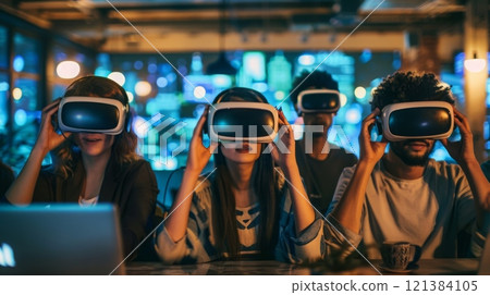 Four friends sit together at a bar, each wearing a virtual reality headset. The room is dimly lit, with colorful lights reflecting off the walls. 121384105